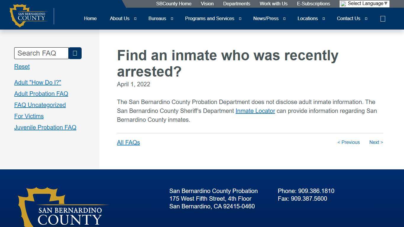Find an inmate who was recently arrested? – San Bernardino County Probation